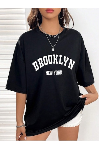 Brooklyn New York T-shirt - Siyah Baskılı Oversize Bisiklet Yaka Kısa Kol Tişört Siyah