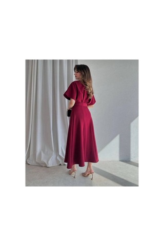 Meecy Maxi Siyah Kemerli Elbise Bordo Bordo