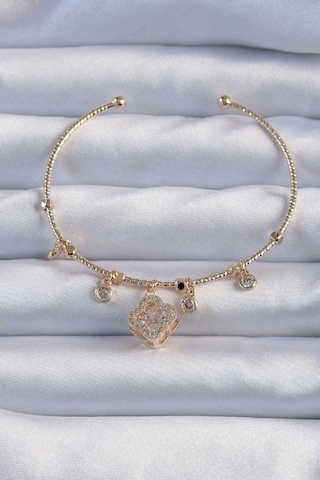 Pirinç Altın Renk Zirkon Taşlı Yonca Model Charm Bileklik Çok Renkli Pirinç Altın Renk Zirkon Taşlı Yonca Model Charm Bileklik Çok Renkli