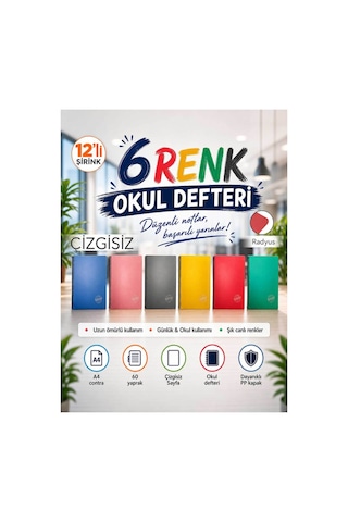 Contra Pp Kapak Spiralli 60 Yaprak A4 Çizgsiz 12 Adet Defter Çok Renkli