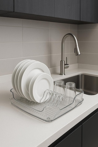 Şeffaf Akrilik Tabaklık Bulaşıklık Düzenleyici 2 Parça 37x38x7 Cm Şeffaf