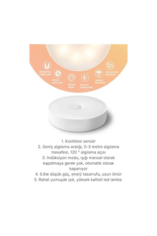 Premium Hareket Sensörlü Usb Şarj Edilebilir Mıknatıslı 3 Mod 8 Ledli Beyaz Işık Gece Lambası 1 Adet