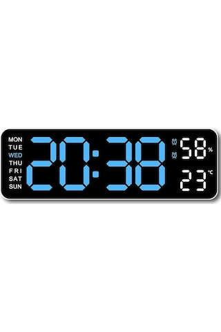 Beyaz & Mavi 9 İnç Büyük Dijital Duvar Saati Sıcaklık Nem Hafta Otomatik Kısılabilir Masa Saati 12/24h Elektronik Led Çalar Saat Fonksiyonu