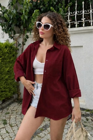 Rouge Basıc Oversize Keten Dokulu %100 Pamuk Salaş Gömlek Bordo