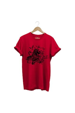 Avcılık Hunter Drahthaar Av Köpeği Ve Keklik Ördek Çulluk Baskılı Regular Fit %100 Pamuk T-shirt Kırmızı