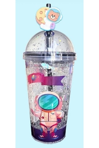 Pipetli Bardak Matara Sevimli Suluk 450 Ml Çift Astronot Figürlü Mor