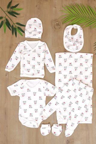 Sitilin Kız Erkek Bebek 7'li Hastane Çıkışı Seti I Love Mom Dad Kalp Desenli Yenidoğan Battaniyeli Zıbın Takımı Stl7299 Beyaz