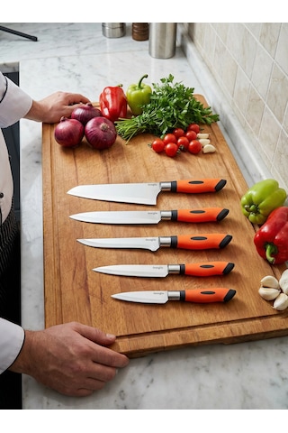 Chefline 5 Parça Turuncu Mutfak Bıçak Seti + 6lı Meyve Bıçağı Hediyeli Paslanmaz Çelik Turuncu