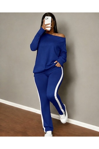 Bhrwear Kadın Tek Omuzdan Açık Uzun Kollu Viskon Iki Iplik Bluz Ve Yan Şerit Detaylı Pantolon Ikili Takım Renkli