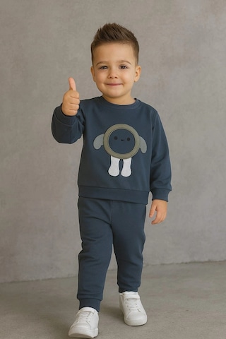 Erkek Çocuk Nakışlı İki Parça Eşofman Takımı %100 Pamuk Füme