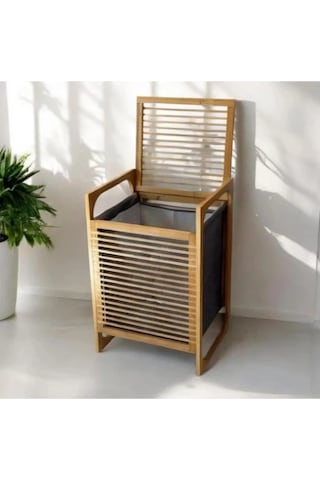 Orta Boy Ahşap Bambu Kirli Sepeti 40x35x60 Sarı