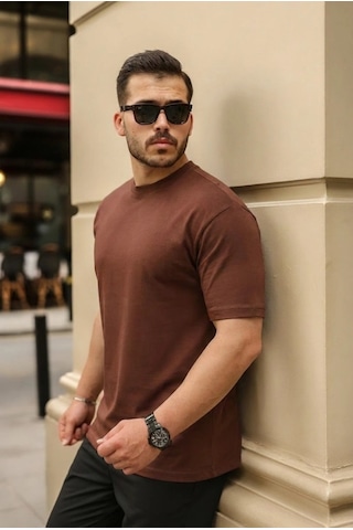 Valensdesign Erkek Kolları Dar Kesim Rahat Kalıp Basic Tişört Kahverengi