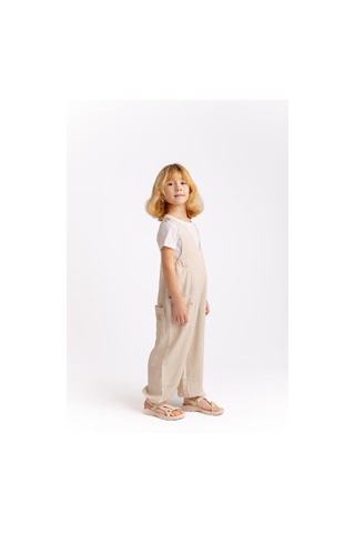 Unisex V Yaka Paça Lastikli Keten Salopet Naturel Naturel Bej