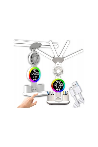 Multifonksiyonel 4 Başlıklı 3 Renk Ve Ton Ayarlı Masa Lambası Kalemlik Saat Takvim Sıcaklık Göstergesi Rgb Led Işıklı 3 Hız Kademeli Vantilatör Fan Telefon Tutucu