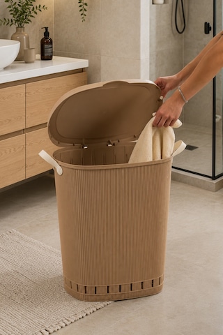 Porsima 0157-2 Still Mokka Kirli Çamaşır Sepeti 60 Lt Kapaklı, Hava Delikli, Kulplu Plastik Çamaşır Sepeti Kahverengi