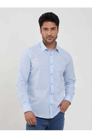 Dufy Mavi Erkek Slim Fit Kareli Brent Yaka Uzun Kol Gömlek - 102384-mavi Mavi
