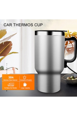 Xiyyadms 12v Araçlı Isıtıcı Termos Bardak, 300ml Paslanmaz Çelik, 15 Dakikada 75 C'ye Isıtma, Sıcaklık Koruma, Sızıntısız, Araç Sigorta Çıkışına Takılabilir Gümüş