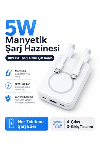 12.000mah 5w Mıknatıslı Powerbank Micro Type-c Şarjlı Hızlı Şarj Taşınabilir Standlı 4 Çıkış 3 Giriş 10w Hızlı Şarj Kablosuz Uyumlu Şarj Açık Gri