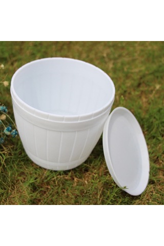 Sones 10 Adet Taklit Ahşap Fıçı Plastik Reçine Saksı Tepsili, Üst Çap: 16cm, Yükseklik: 13.5cm Beyaz