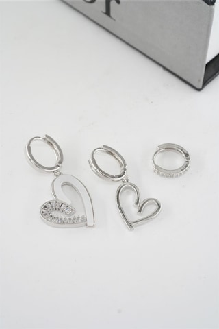 Kadın Vip Seri Zirkon Taşlı Mineli Kalp Model 3'lü Küpe Seti - Gümüş
