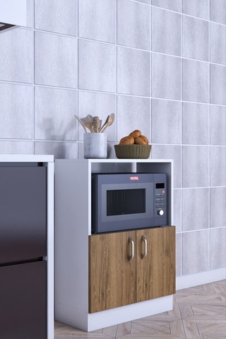 Rafineri Makro Dolap Çok Amaçlı Mikrodalga Fırın Dolabı Mdf Ceviz Beyaz
