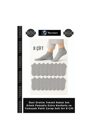 Terrien Özel Üretim Tekstil Rahat Set Erkek Pamuklu Extra Konforlu Ve Yumuşak Patik Çorap Seti Gri 8 Çift
