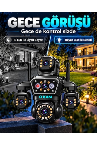 O-kam Ok-251 12mp 4 Kameralı Wifi Gece Görüş Çift Yönlü Ses Uzaktan İzleme Kişi Takibi Türkçe 64gb Akıllı Güvenlik Kamerası