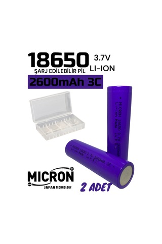 Micron INR18650E2600 2600 mAh 3.7 V 18650 Li-Ion Şarj Edilebilir Pil 2'li + Taşıma Kutusu