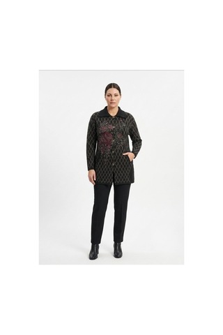 Onno Style Women Ekose Gül Pike Desenli Çelik Örgü Kadın Triko Kaban Siyah