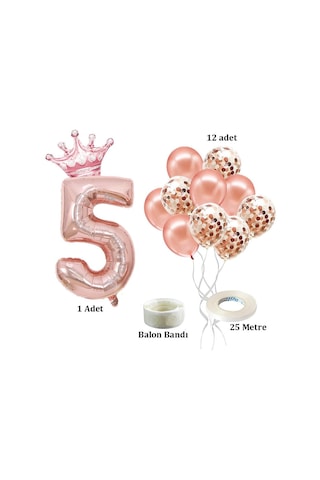 5 Rakam Rose Gold Folyo Balon, Kral Tacı Ve Konfetili Rose Gold Balon