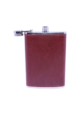 Kahverengi Deri Kaplama Paslanmaz Çelik Cep Matarası - Hip Flask 9 Oz