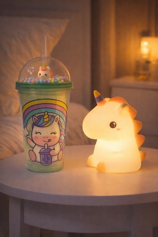 2'li Set Işıklı Renkli Unicorn Figürlü Gece Lambası & Pipetli Boncuk Detylı Suluk Bardak Yeşil 450ml Çok Renkli