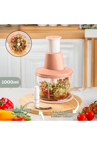 Porsima 232-1 Basmalı Pratik El Rondosu 3 Bıçaklı Blender Doğrayıcı 1000ml Pembe Pembe