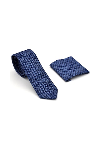 Gaffy Mavi Desenli Lacivert Dokuma Kumaş Mendilli Slim Fit Kravat // SDK-240110 Lacivert