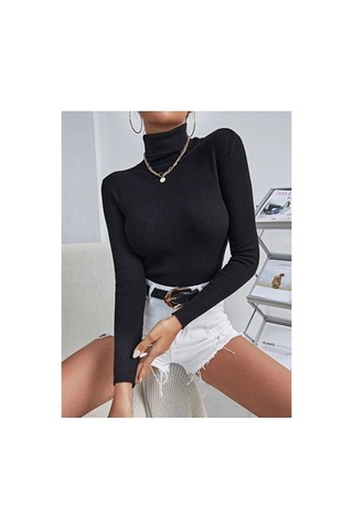 Hanclo Kadın Fitilli Balıkçı Yaka Slim Fit Triko Kazak Siyah