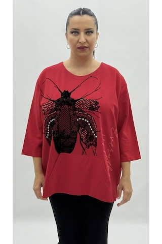 Büyük Beden Viskon Taşlı İnci Detaylı Kanguru Cepli Kapri Kol Oversize Kadın Sweat Kırmızı