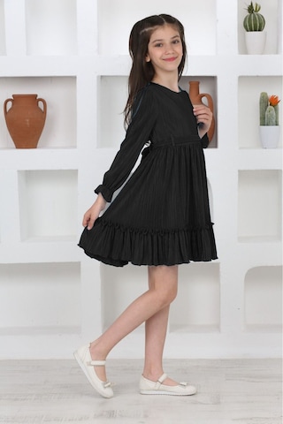 Kız Çocuk Örme Saten Çanta Detaylı Pliseli Astarlı Elbise Siyah