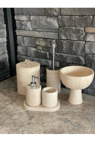 Yeni Model Traverten 6'lıbanyo Seti Ayaklı Kase Havluluklu Takım Beyaz