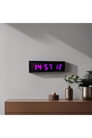 Dijital Led Duvar Ve Masa Saati Derece Ve Nem - Mor Kasa Ölçüsü: 16x40 Cm