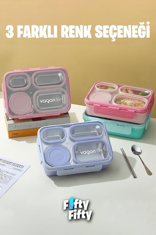 Vagonlife Lunch Box 950 ML Paslanmaz Çelik Tek Kat Dört Bölmeli Çorba Kaseli Metal Kaşıklı-fflbox7099