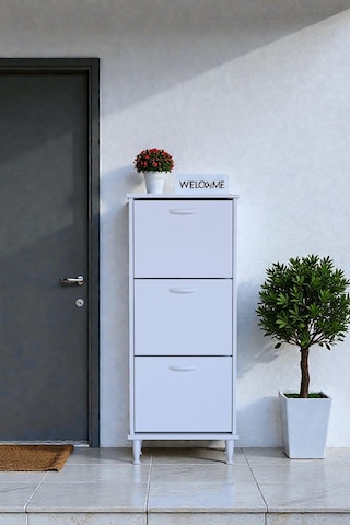 Eliusta Nefes Ayaklı 52 Cm Ayakkabılık Kapı Önü/antre 3 Düşer Kapaklı Beyaz 52x127x26 Cm Ayakkabılık Beyaz