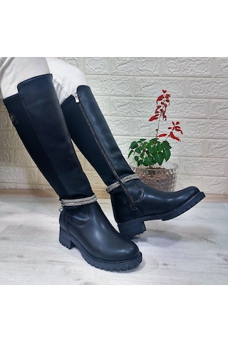 M.p 2753 Siyah Taşlı Ligralı Fermuarlı 45cm Bayan Çizme 001