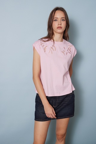 Nisan Cutwork Nakış Detaylı T-shırt Pembe
