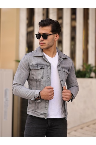 Gri Renk Eskitme Kot Ceket-1502 Gri