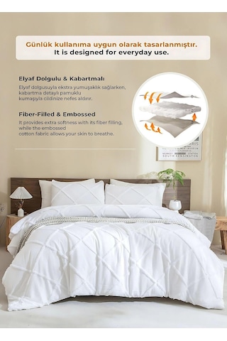 Evlen Home Pamuklu Aimar Yatak Örtüsü Takımı Çift Kişilik Günlük Boho 3 Parça Elyaf Dolgulu Beyaz Beyaz
