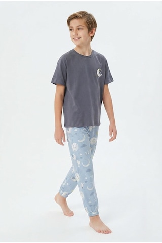 Bunny Hopp Erkek Çocuk Pijama Takımı %100 Pamuk Ay Ve Yıldız Nakışlı Yazlık Kısa Kollu Gri