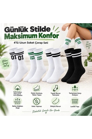 Storeşahin Unisex Çorap Çizgili 8'li Set 07 Good Vibes Yazılı Siyah Beyaz Uzun Soket Spor Kolej Stil Çorap Shn0720 Çok Renkli