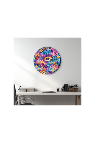 Çocuk Astronotlar Dekoratif Duvar Saati 33 Cm Uv Baskılı Mdf Duvar Saati Çok Renkli