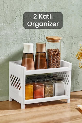 2 Katlı Beyaz Plastik Çok Amaçlı Makyaj Banyo Ofis Raf Organizeri Mıt1279 Beyaz
