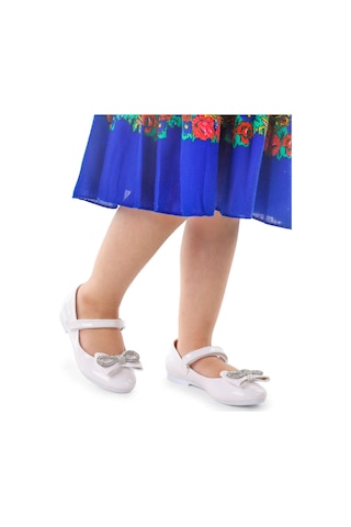 Kiko Kids Bowtie Papyon Taşlı Cırtlı Kız Çocuk Babet Ayakkabı Beyaz Beyaz